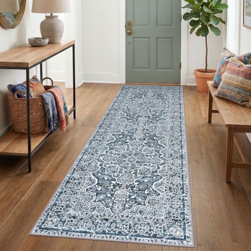 Vintage Washable Runner Rug 3x7 Blue White Wide Hallway Runner
