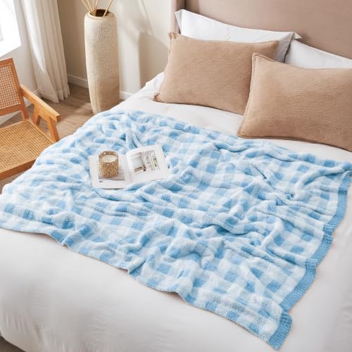 Snuggle Sac Buffalo Plaid Bedding Blanket Twin Size, Super Soft, Cozy Warm Knit Decorative Blankets, Reversible Plaid Fluffy Throws for Bed, Plaid Light Blue, 60x80 Inches