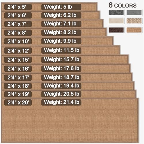 20ft Natural Jute Hallway Runner Rug Non Slip Washable, Rubber Backed Long Khaki Indoor Entryway Runner, Absorbent Kitchen Carpet Sink Rug
