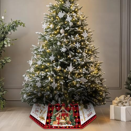 Christmas Tree Collar for Artificial Trees, Nativity Christian Christmas Decorations, Jesus Christian Holy Night Religious Fabric Hexagonal Base Tree Collar Skirt for Xmas Tree Decorations Holiday