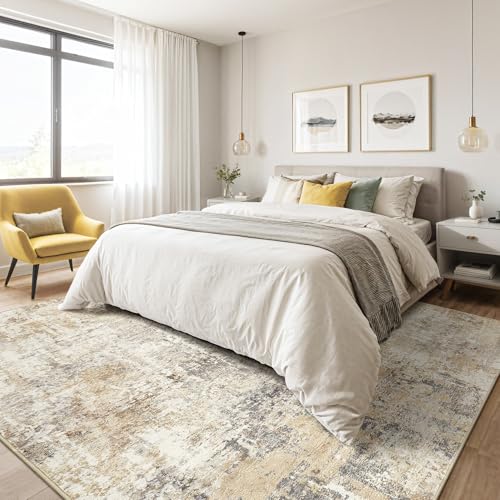 8x10 Area Rugs Living Room: Washable Large Abstract Neutral Modern Soft Rug Stain Resistant Indoor Floor Non-Slip Accent Carpet for Bedroom Nursery Playroom Dining Room Office Dorm Home- Grey Gold