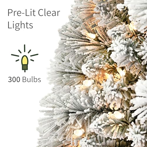 Puleo International 6.5ft Pre-Lit Flocked Portland Pine Pencil Christmas Tree with 300 Clear Lights, 410 Realistic Dense Snow Flocked Branch Tips, Easy Setup Artificial Trees with Sturdy Metal Stand