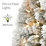 Puleo International 6.5ft Pre-Lit Flocked Portland Pine Pencil Christmas Tree with 300 Clear Lights, 410 Realistic Dense Snow Flocked Branch Tips, Easy Setup Artificial Trees with Sturdy Metal Stand