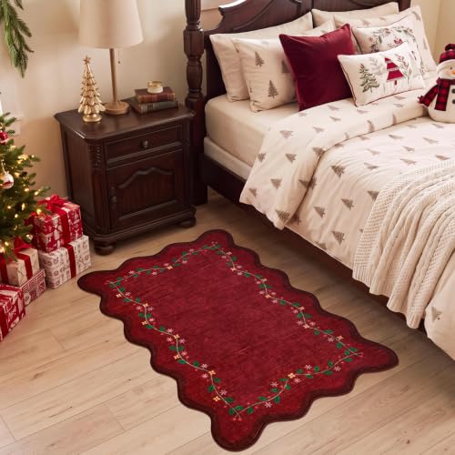 GarveeHome Christmas Rug 2x3 Red Scalloped Washable Doormat for Entryway
