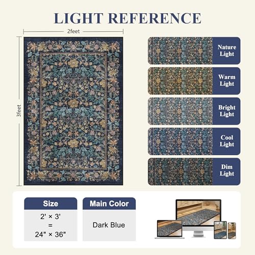 2x3 Entryway Rug, Washable Vintage Floral Area Rug, Dark Blue