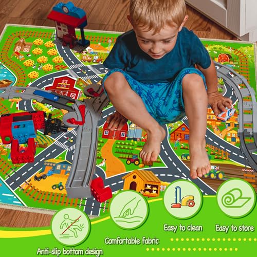 Car Road Rug for Kids Room Farm Play Mat Rugs for Kids Toy and Cars, Educational Area Kid Carpet for Bedroom Playroom Nursery, Non-Slip Activity Floor Playmat Road Traffic Track Carpet 31"x37"