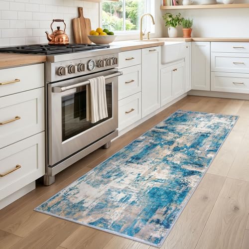 KOZYFLY Modern Runner Rug 2x6 Washable Turquoise/Beige/Grey/Yellow