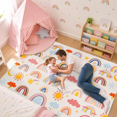 Rainbow Kids Rug 3'3" x 4'11", Soft Kid Area Rug, Large Washable Space Mat, Non-Slip Cute Rainbow Weather Kid Crawling Floor Mat for Living Room Playroom Classroom Bathroom(for Age 2+)
