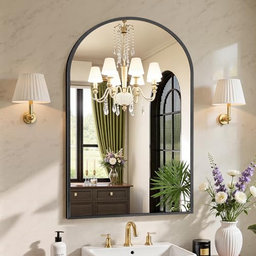 Sweetcrispy 24"x36" Arched Black Bathroom Mirrors for Wall | Bathroom Mirrors for Over Sink, Metal Framed with HD Shatter-Proof Glass for Entryway, Bedroom, Home Decor