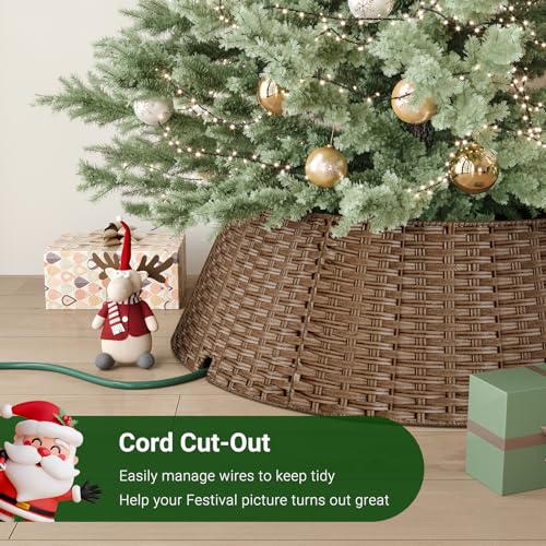 ELYKEN 33 Inch Christmas Tree Collar, 6-Piece Xmas Tree Skirt for Artificial Trees, Handcrafted Plastics Wicker Tree Base Cover with Cord Cut-Out Rustic Farmhouse Tree Ring for Home Decor