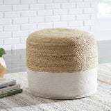 Signature Design by Ashley Sweed Valley Jute & Cotton Pouf, 19 x 19 Inches, Beige & White