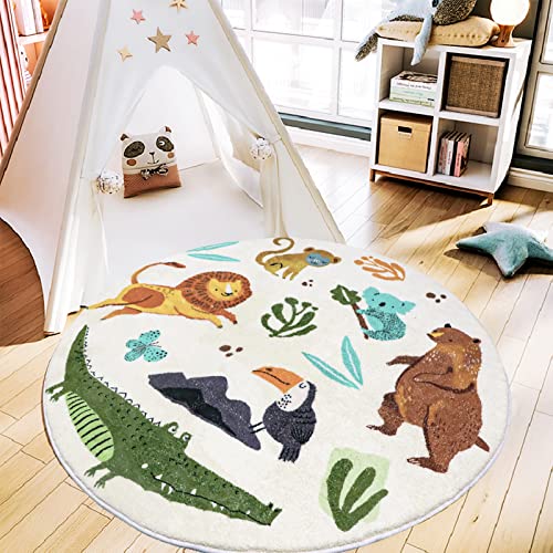 Round Rug 3.3ft, Cute Animals Large Non Slip Super Soft Plush Area Rug for Kids Room Playroom Nursery Bedroom, Educational Washable Circular Floor Mat for Home Room Decorative (Zoo)