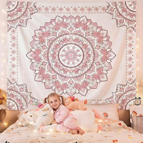 Atrippy Boho Pink Mandala Wall Tapestry for Bedroom, White and Pink Aesthetic Tapestry Room Decor for Teen Girls, Art Floral Wall Hanging for College Dorm (51''x60'')