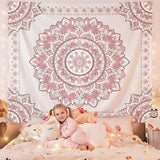 Atrippy Boho Pink Mandala Wall Tapestry for Bedroom, White and Pink Aesthetic Tapestry Room Decor for Teen Girls, Art Floral Wall Hanging for College Dorm (51''x60'')