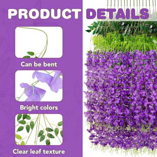 Alotiki Wisteria Hanging Flowers,12 Pack Fake Hanging Flowers,Wisteria Artificiales Garland for Home Wedding Arch Floral Party Garden Ceremony Outdoor Decor,3.6 Feet Long(12,Purple)