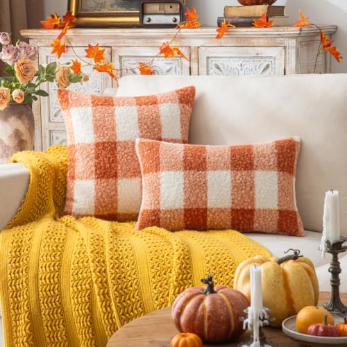 Plaid Fall Throw Pillow Covers Orange Write 12x20 Inch Set of 2