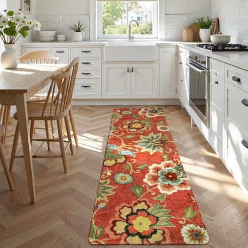 Lahome Red Floral Washable Hallway Runner 2x6, Vintage Carpet