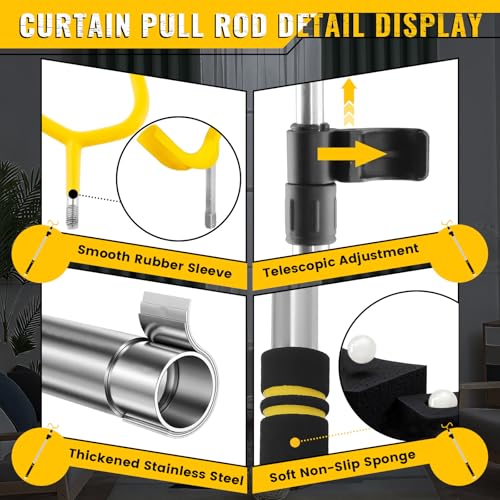 Drapery Pull Rod,36“ to 63” Curtain Pull Telescoping Pole Heavy Duty For Curtains Wand Stainless Steel Tubes Soft Sponge Handle Rod for Curtains Extension Pole Lightweight (Black Yellow)