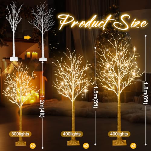 Aurelema 6 Pcs Lighted Birch Tree 8 Modes Christmas Artificial LED Lights Birch Tree for Indoor and Outdoor Home Decor Thanksgiving Christmas Holiday Decoration (4ft 5ft 6ft,Warm White)