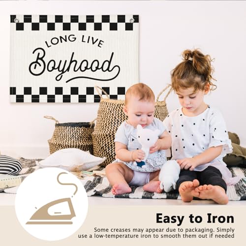 Long Live Boyhood Black and White Checkered Boys Room Decor - Cars Room Decor Linen Banner Wall Hanging Canvas Banner Flag Decor for Toddler Boy Bedroom Nursery Playroom Birthday Party