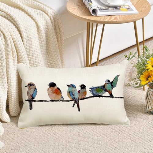 RABUSOFA 12x20 Lumbar Pillow Decorative Throw Pillows,Small Hand-Painted Outdoor Birds Pillowcases,Spring Summer Pillows Decorative Throw Cushion Covers Linen for Couch Sofa Teal Blue