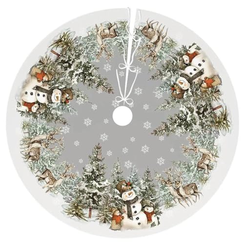 Snowman Christmas Tree Skirt 36 Inch Reindeer Snowflakes Xmas Tree Decorations for Winter Holiday Party Home Decor Indoor Outdoor Ornaments