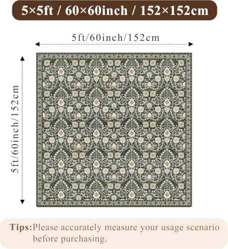 5x5 Floral Area Rug Washable: Non-Slip Low Pile Square Living Room Rug,Water Resistant Non-Shedding,Pet Friendly Soft,for Kitchen Bedroom Entryway Dining Room Indoor Decor 5ft