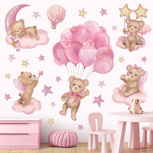 wondever Pink Balloon Bear Wall Stickers Hot Air Balloon Animals Clouds Stars Peel and Stick Wall Art Decals for Baby Nursery Kids Girls Bedroom