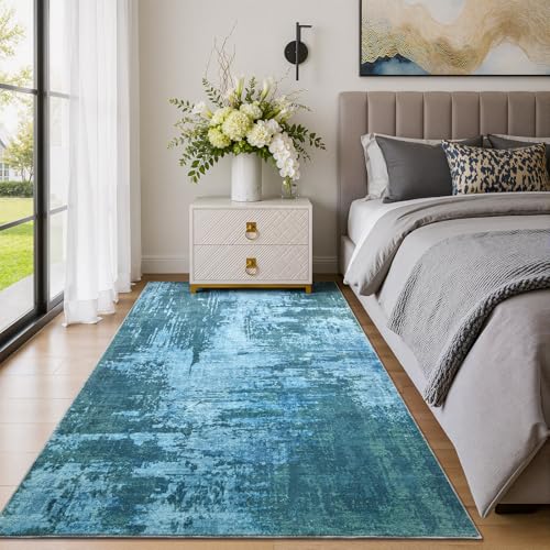 4x6 Blue Washable Area Rug Non-Slip Faux Wool Abstract Carpet