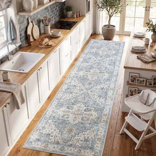 jinchan 3x10 Runner Vintage Medallion Washable Area Rug, Blue/Gray