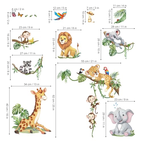 decalmile Safari Animals Tree Branch Wall Stickers Jungle Animals Giraffe Elephant Leopard Tropical Leaves Wall Decals Baby Nursery Kids Room Wall Decor