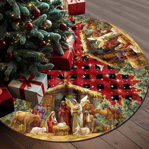 Nativity Christmas Tree Skirt 36 Inch, Christmas Skirt Tree Decoration with Buffalo Plaid Nativity, Christmas Trees Mat for Under Trees Holiday Party Indoor Decorations, Winter Gift for Women