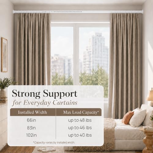 ALLZONE Tension Curtain Rods for Windows 66 to 120 Inches, White Curtain Rods No Drilling, Heavy Duty Extra Long Tension Rod for Curtains, Outdoor Curtains Rod for Patio, Bedroom