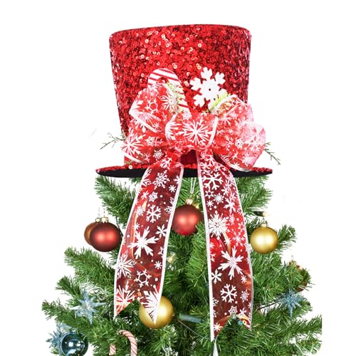 Christmas Tree Topper Hat, 2025 Red Candy Cane Bow Christmas Tree Top Toppers with 6.5ft Ribbon Light, Shiny Xmas Santa Tree Toppers Christmas Decorations for Holiday Decor
