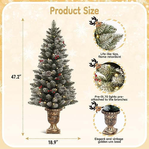 Decoway 4ft Christmas Tree Pre-Lit Artificial Mini Trees with Gold Pot Base, Flocked Snow 70 Warm White Led Lights Pine Cones Red Berries, for Entrances, Home Decorations Holiday Decor