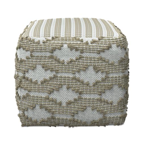 SIMPLIHOME Rowan Pouf - 18 inch Wide Hand Woven Cotton/Jute Square Pouf Ottoman in Natural and White, Footstool for Living Room or Bedroom with Polystyrene Bead Filling, Fully Assembled