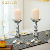 Nuptio Silver Pillar Candle Holders, Wedding Centerpieces Metal Candle Holder for 3 inches Candles Stand Decoration Ideal for Weddings Special Events Parties Living Room, 2 Pcs