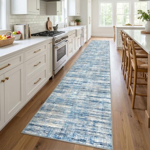 KOZYFLY Washable Long Runner Rug 2.6x18 Hallway Stair Rug Runner Blue Beige