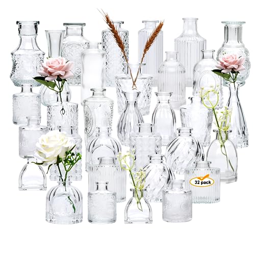 Glass Bud Vase Set of 32 pcs,Bud Vases in Bulk,Small Vases for Centerpieces, Mini Flower Vase Bulk for Rustic Wedding Home Table Decorations