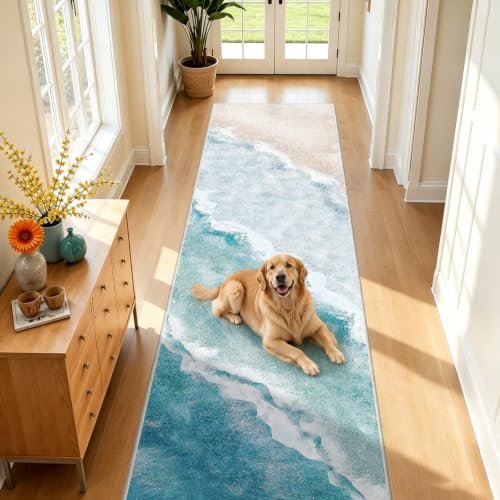 Beach Pattern 2.6x10ft Runner Rug Non Slip Washable Kitchen Runner Rug with Rubber Backing，Low-Pile Soft Washable Runner Rugs for Hallway Entryway Kitchen Bedroom Living Room Bathroom