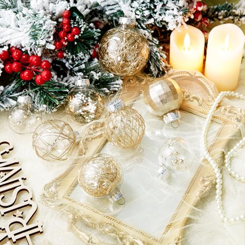 CristBest 30ct Christmas Ball Ornaments-60mm/2.36" Shatterproof Clear Plastic Xmas Balls Baubles Set with Stuffed Delicate Sparkling, Hanging Christmas Tree Decorations(Champagne Gold)