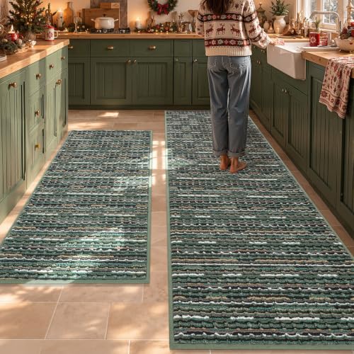 Kitchen Rugs Sets of 2, Non Slip Kitchen Mats for Floor, Green