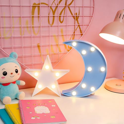 QiaoFei Decorative Moon-Star Night Light,Cute LED Nursery Night Lamp Gift-Marquee Moon-Star Sign for Birthday Party,Baby Shower,Kids Room, Living Room Decor(Blue)