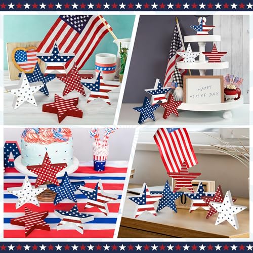 6 PCS 4th of July Wooden Signs, Red White Blue Star Patriotic Table Decor | Stable Base for Steady Standing, 4th of July Decorations, Table Shelf Tray Decor, 250th Anniversary, Memorial Day Display