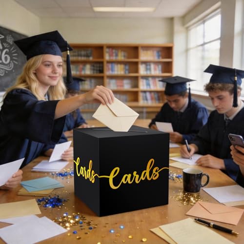 OLANRUN Gift Card Box, 9" Graduation Gold Foil Card Box, Black and Gold Party Decorations for Wedding, Birthday, Baby & Bridal Shower, Anniversary, Retirement
