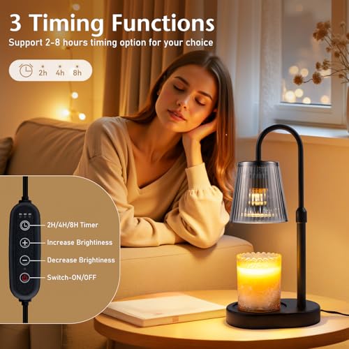 Candle Warmer Lamp with Timer Electric - Wickless Warming Light Height Adjustable Dimmable No Flame Heat Warm Melt Wax Scented Table Lights Elegant Modern Home Decor for Jar Candles Living Bedroom