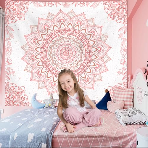 Apdidl Pink Boho Wall Tapestry for Bedroom, Mandala Hippie Cute Floral Tapestries Teen Girl Room Decor, Bohemian Pink and White Poster Wall Hanging Art Aesthetic for Living Room Dorm 51"X60"