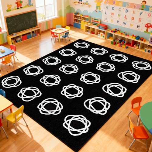 Large Classroom Rug, Black Classroom Seating Carpet with 20 White Circles Abstract for Preschool, 6×8.4ft Kids Circle Time Playroom Rug, Educational Area Rug for Daycare Elementary Playmat