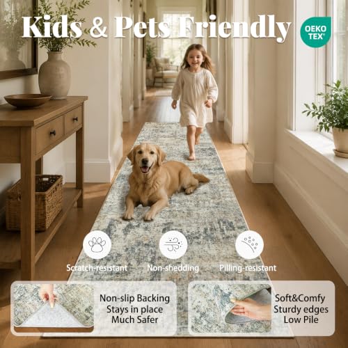 2'x8' Grey Beige Runner Rug, Washable Carpet