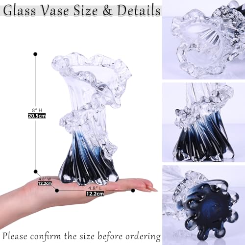 Hand Blown Blue Glass Vase, Unique Art Beautiful Ocean Glass Vase for Coastal Home Decor, Coffee Table, Living Room, Office Decor - 8" H